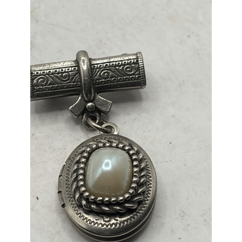Vintage Sterling Silver Victorian Style Faux Stone Cabochon Locket Bar Brooch